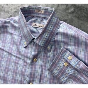 Peter Millar Plaid Button Front Shirt Large Blue Pink Cotton Casual